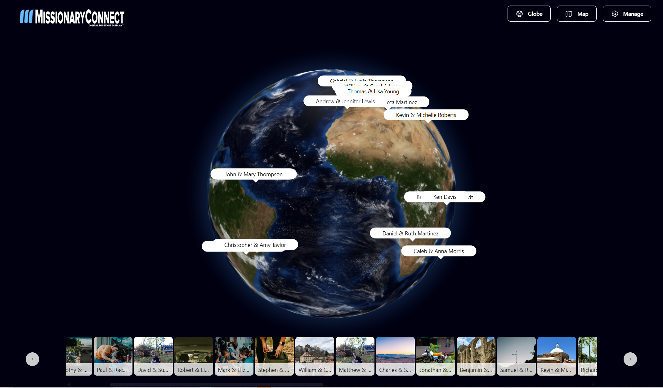 MissionaryConnect Globe View - 3D globe with floating missionary labels